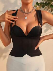 SHEIN Women's Black Casual Plain Zipper Detail Medium Stretch Corset Top Tank With Regular Length - Black - View 1