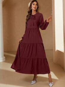 Mulvari Tie Neck Ruffle Hem Dress Maxi Women Outfit - Multicolor - View 3