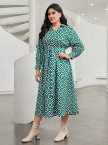 Mulvari 大碼滿版印花腰帶襯衫洋裝