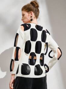 Chiquease Áo len chui đầu dáng suông, cài cúc phía trước, vai rớt, chất liệu dệt kim, thích hợp cho mùa thu đông. - Đen và trắng - Xem 2