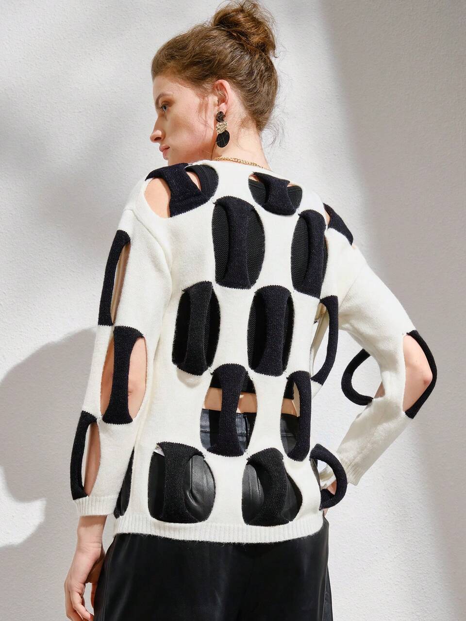 Cut Out Button Front Drop Shoulder Knit Pullover Fall Winter Sweater