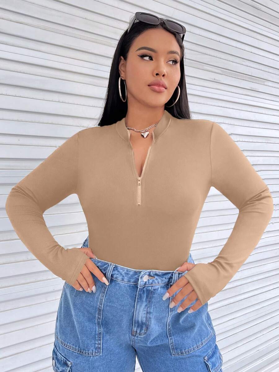 SHEIN EZwear 大碼半拉鏈修身連體衣 - 卡其色 - 查看 1