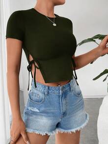 SHEIN EZwear Solid Knot Side Split Hem Tee - Army Green - View 2