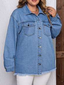 SHEIN LUNE Plus Drop Shoulder Raw Cut Denim Jacket - Light Wash - View 4