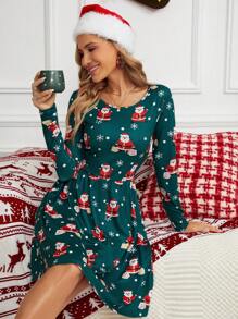SHEIN LUNE Christmas Print A-line Dress - Dark Green - View 5