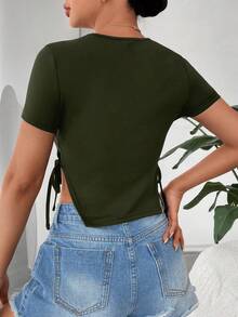 SHEIN EZwear Solid Knot Side Split Hem Tee - Army Green - View 3