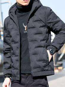 Men Zip Up Hooded Padded Coat - Black - View 3