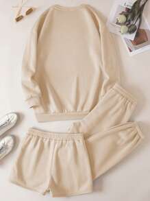 SHEIN EZwear Plus Solid Thermal Lined Sweatshirt & Sweatpants & Track Shorts - Khaki - View 2