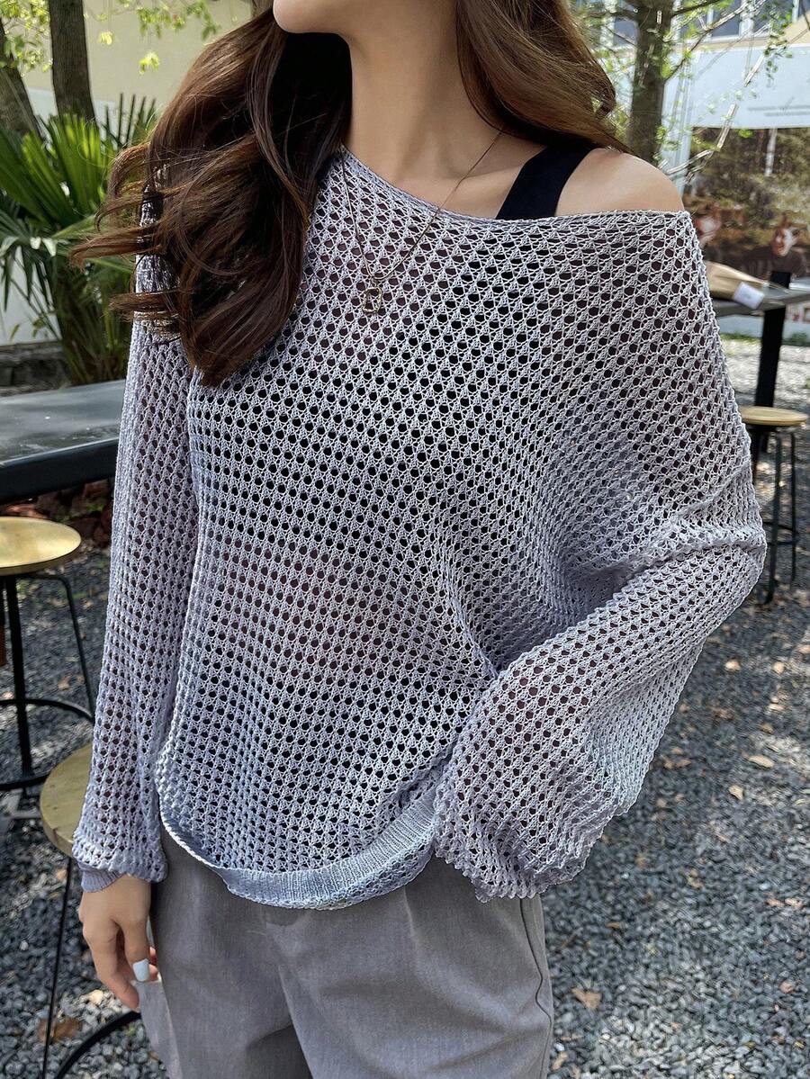 DAZY Solid Drop Shoulder Open Knit Sweater - Baby Blue - View 1