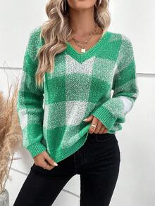 SHEIN LUNE 大方格圖案落肩袖套頭毛衣 - 綠色 - 查看 5