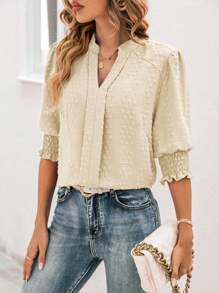 SHEIN Clasi Swiss Dot Notched Neckline Puff Sleeve Blouse - Beige - View 3