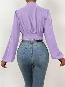 SHEIN Privé 深V領燈籠袖短款襯衫