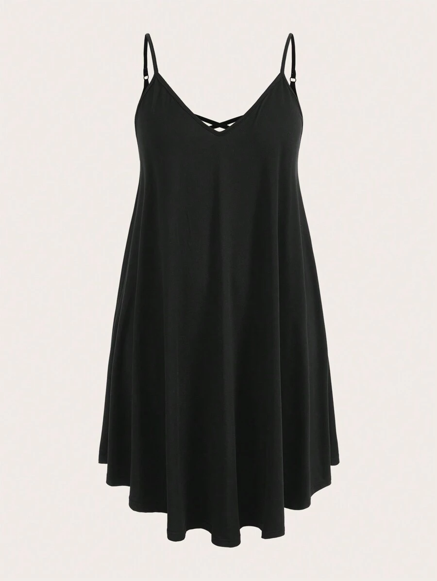 SHEIN LUNE Hơn Chất rắn Váy Dây - màu đen - Xem 1
