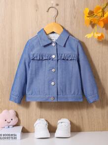 SHEIN Baby Girl Teddy Lined Frill Trim Button Front Denim Effect Jacket - Blue - View 3