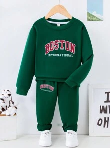 SHEIN 男童字母圖案運動衫和運動褲 - 墨綠色 - 查看 1