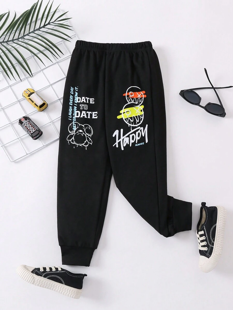 SHEIN Cô Gái Trẻ Khẩu hiệu & Đồ họa Hoạt hình Quần thể thao - màu đen - Xem 1