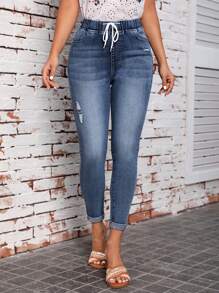 SHEIN LUNE Rách Cuộn lên Hem Eo dây rút Quần jean ôm - Màu xanh lam - Xem 1