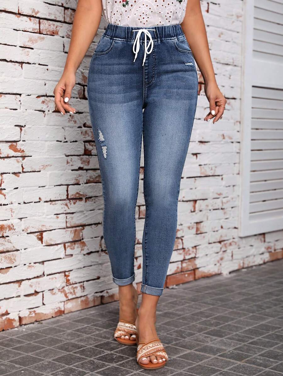 SHEIN LUNE Rách Cuộn lên Hem Eo dây rút Quần jean ôm - Màu xanh lam - Xem 1