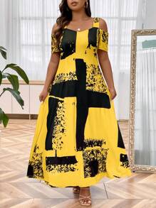 Women Plus Graphic Print Cold Shoulder Maxi Dress, Summer Outfit