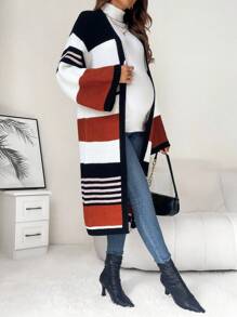 SHEIN Maternity Striped Pattern Colorblock Drop Shoulder Cardigan, For Winter - Multicolor - View 5
