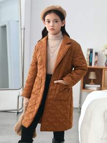 SHEIN Tween Girl 1pc Lapel Neck Belted Quilted Coat