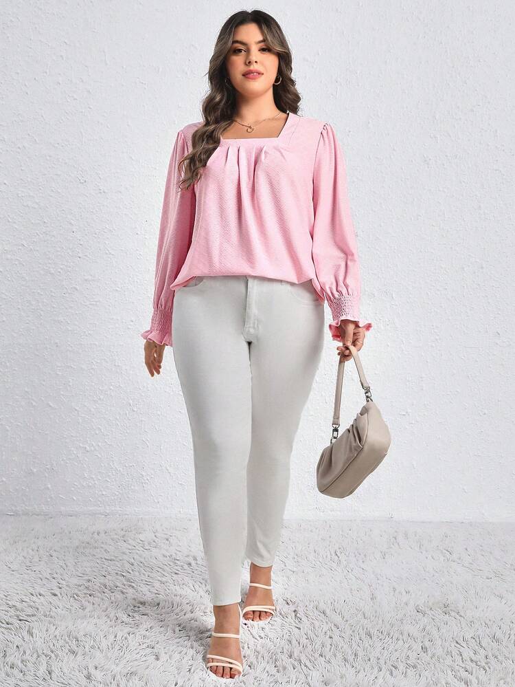 Plus Square Neck Flounce Sleeve Tee Fall Cloth For Women