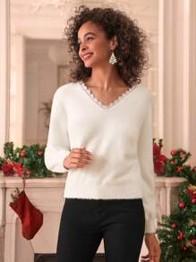 SHEIN Frenchy Tie Back Lace Trim Fluffy Knit Sweater - White - View 3