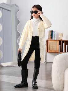 SHEIN Tween Girl Drop Shoulder Cable Knit Duster Cardigan - Apricot - View 4