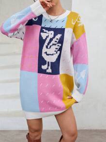 SHEIN Unity 字母圖案拼色落肩毛衣洋裝 - 彩色 - 查看 2