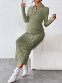 SHEIN Maternity Ribbed Knit Polo Neck Bodycon Dress - Green - View 3