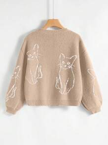 SHEIN Qutie Suéter con estampado de gato y hombros caídos - Caqui - Ver 2