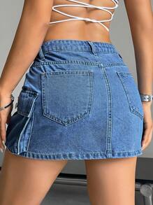 Jeanoix Women's Summer Flap Pocket Denim Skirt - Light Wash - View 2