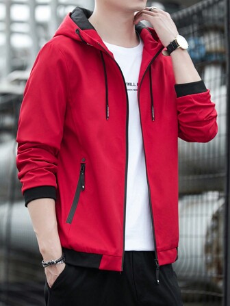 Men Zip Up Drawstring Hooded Jacket
