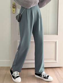 DAZY High Waist Plicated Detail Straight Leg Pants - Cadet Blue - View 7