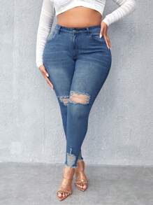 SHEIN SXY Plus Ripped Raw Hem Skinny Jeans - Medium Wash - View 1