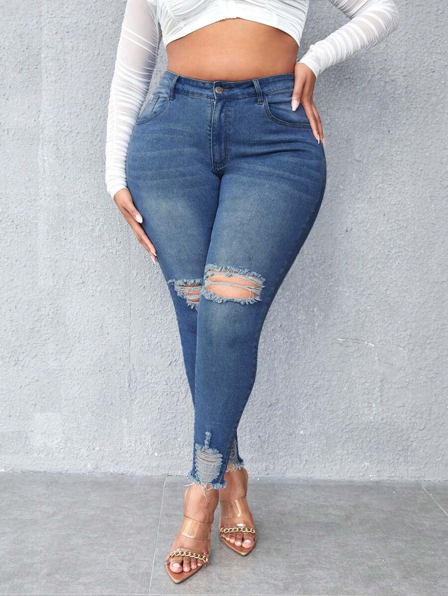 SHEIN SXY Plus Ripped Raw Hem Skinny Jeans - Medium Wash - View 1