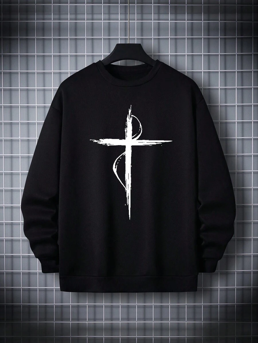 Men Graphic Print Thermal Lined Sweatshirt - Black - View 1