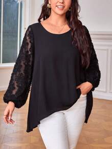 SHEIN Clasi 大碼網紗拼接燈籠袖高低下擺襯衫 - 黑色 - 查看 3