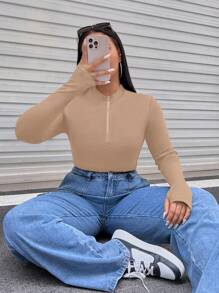 SHEIN EZwear 大碼半拉鏈修身連體衣 - 卡其色 - 查看 5