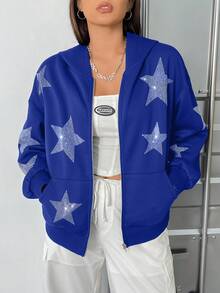 SHEIN EZwear Plus Size Star Print Drop Shoulder Zip Up Sweatshirt - Blue - View 6