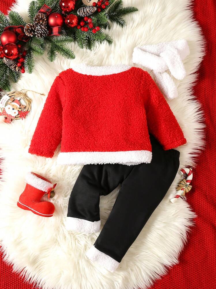 Baby Girl Contrast Trim Teddy Jacket & Pants & Scarf - Multicolor - View 2