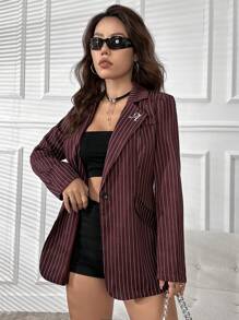 SHEIN Privé Striped Print Lapel Neck Blazer - Coffee Brown - View 3