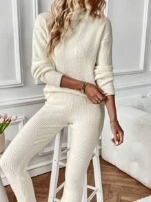 SHEIN Essnce Áo cao cổ Thả vai Áo len & Quần dệt kim - Màu be - Xem 1