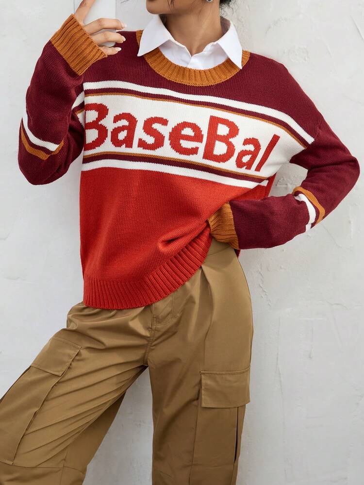 Letter Pattern Colorblock Drop Shoulder Sweater Without Blouse Knit Pullover Fall Winter Sweater