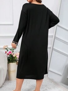 豹纹双口袋睡衣连衣裙，长款，宽松舒适，细节优雅，适合秋冬季节穿着 - 黑色 - 查看 2