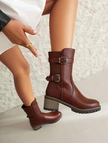 女式粗跟机车靴，PU 皮革，防水厚底，圆头，保暖内衬，秋冬新品，时尚女式短靴，加大码 - 棕色 - 查看 5