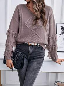 SHEIN Essnce Fringe Trim Drop Shoulder Cable Knit Sweater - Dusty Purple - View 4