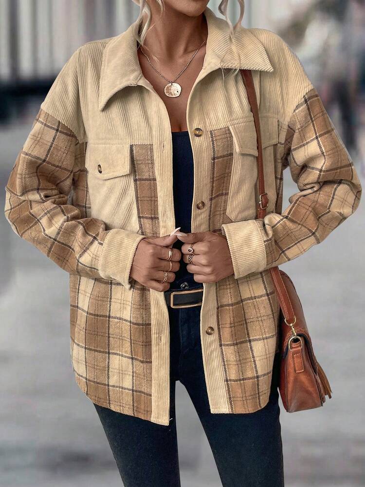 Plaid Print Drop Shoulder Flap Pocket Coat Fall Cloth For Women