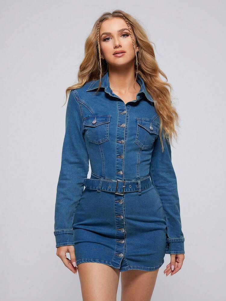Flap Pocket Button Front Denim Dress