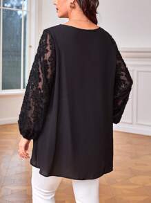 SHEIN Clasi 大碼網紗拼接燈籠袖高低下擺襯衫 - 黑色 - 查看 2